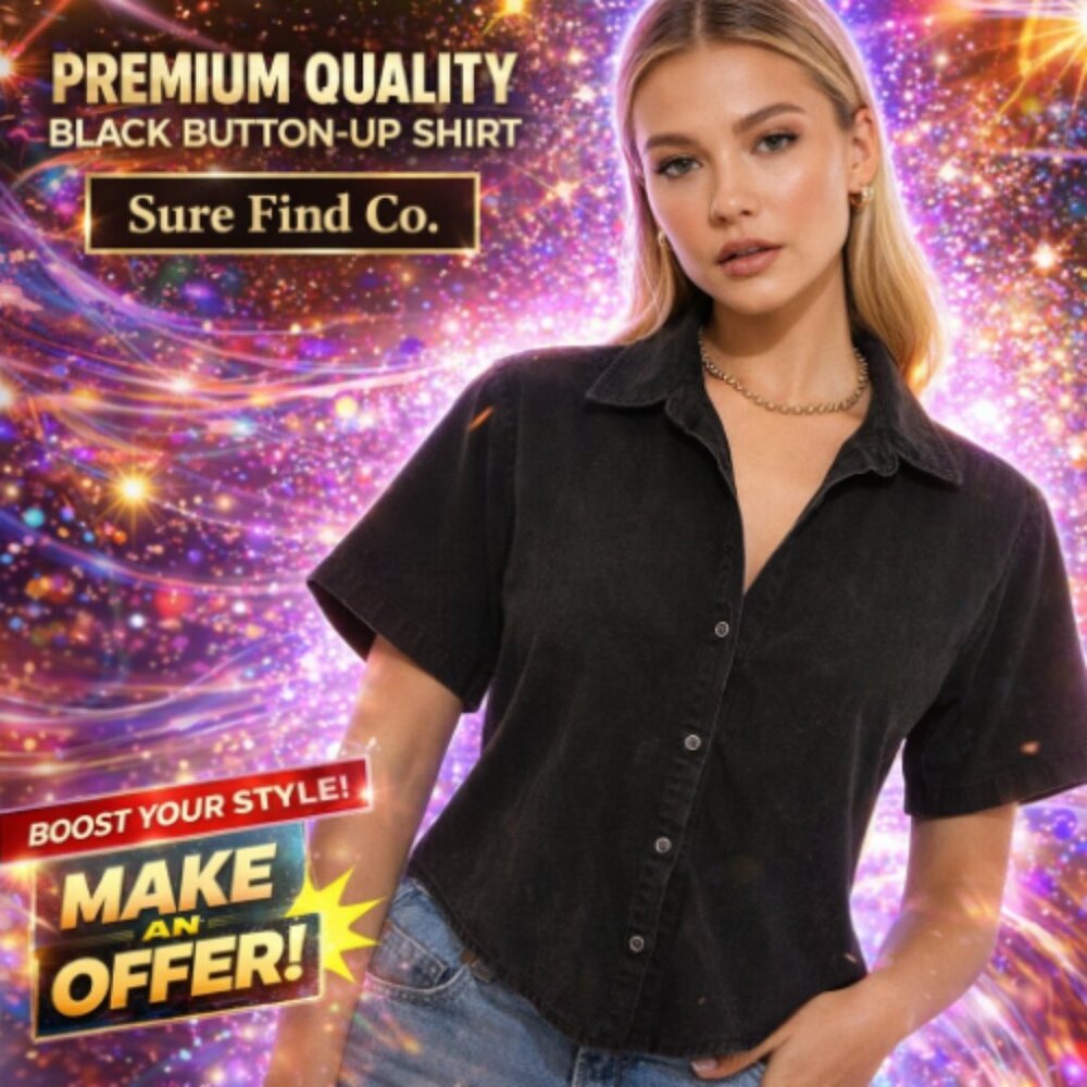 Details Women's Small Black Short Sleeve Collared Button Down Shirt Blouse Top